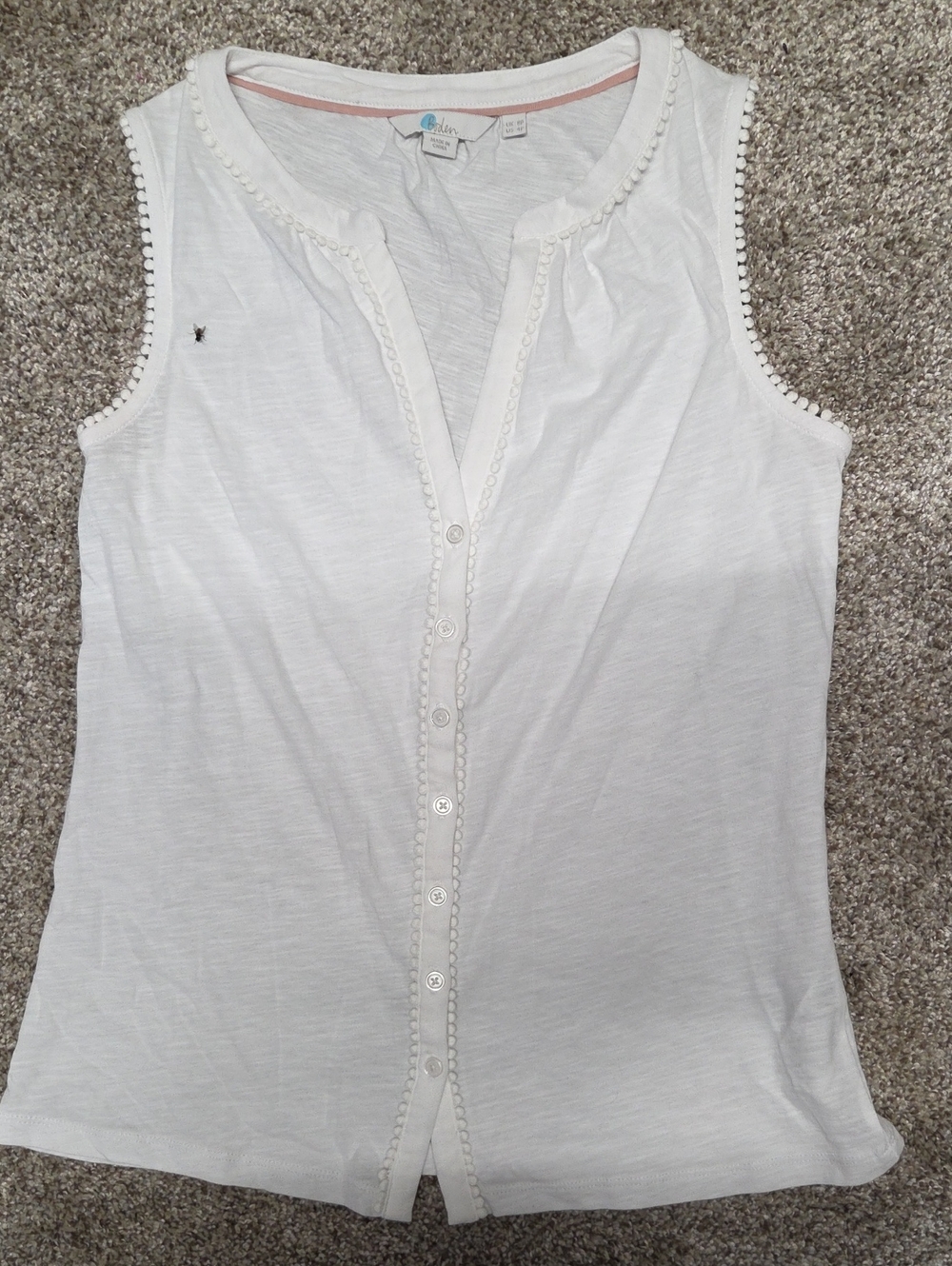 Boden White Sleeveless Button-Front Camisole with Crochet Trim Womens Size 4P